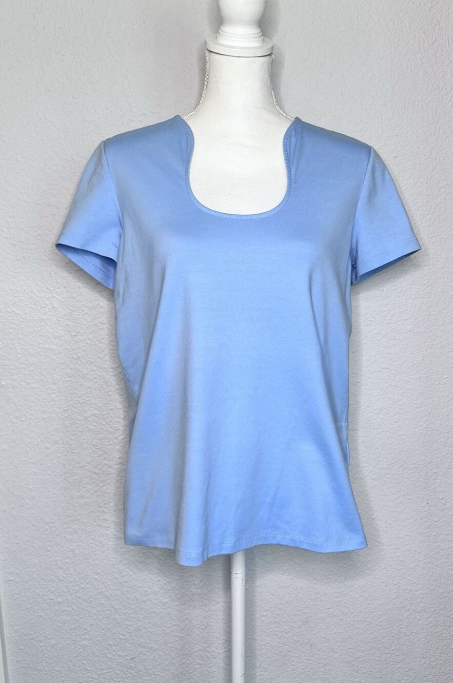 Lafayette 148 Women's Blue SZ M Top Cap Sleeve Round Scoop Neck Stretch Cotton